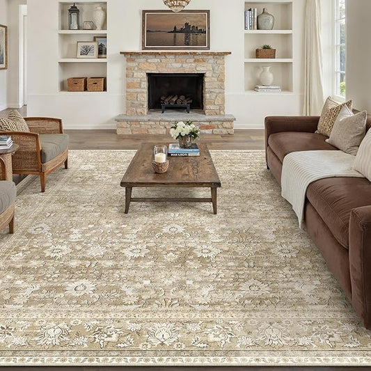 HUGEAR 6x9 Machine Washable Rugs Beige Hallway Large Area Rug Indoor Accent Rug Floral Low Pile Carpet Soft Throw Aesthetic Rug Bedroom Living Room Office Dining Room Kitchen Laundry Room