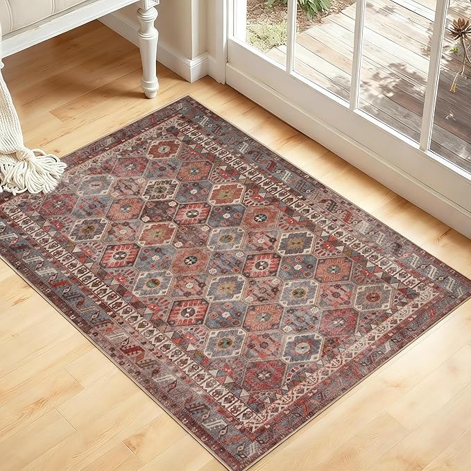 Kuden 3x5 Small Rug, Machine Washable, Non-Slip Backing, Vintage Style, Soft, Low Pile, Area Rugs for Entryway Kitchen Indoor Entrance