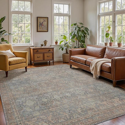 6x9 Area Rug Machine Washable Boho Rug for Living Room,Ultra-Thin Low Pile Carpet,Lightweight Indoor Printed Rug,Non Slip Floral Area Rug for Bedroom, Dining Room, Home Office,Grayish Blue