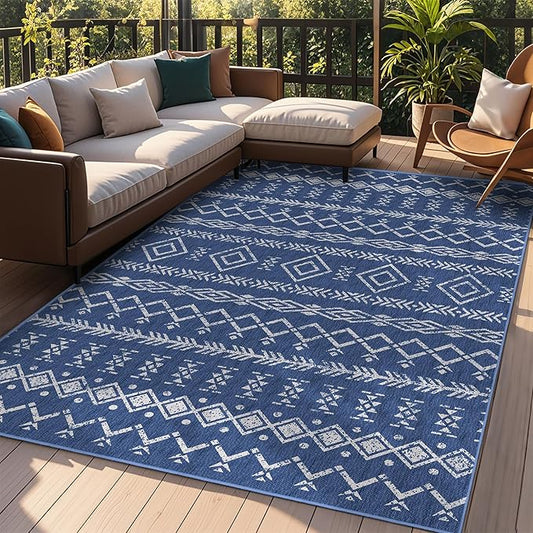 Indoor Outdoor Area Rug Washable Patio Rug Modern Moroccan Geometric Indoor Outdoor Carpet Rug Non Slip Non Shedding for Patio, Deck, Backyard, Porch (8x10)