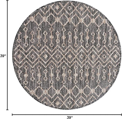 Unique Loom Outdoor Trellis Collection Area Rug - Tribal Trellis (3' 3" Round, Charcoal Gray/ Natural)
