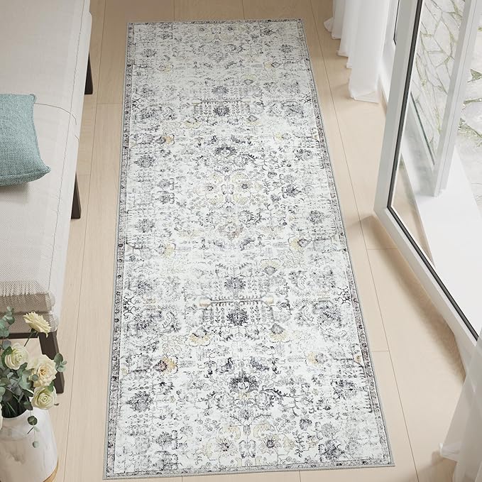 jinchan Kalen Runner Rug 2x6 Washable Area Rug Soft Vintage Hallway Indoor Floor Mat Thin Retro Distressed Carpet Grey Floral Country Non Slip Bathroom Kitchen Bedroom Living Room