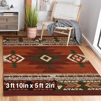 YHSF South West Native American Area Rug C318 - Easy Clean, Thick, Soft, Durable Native Tribal American Indian Inspired Rug for Bedroom/Living Room and More - Rust, 3 Feet 10 Inches x 5 Feet 2 Inches