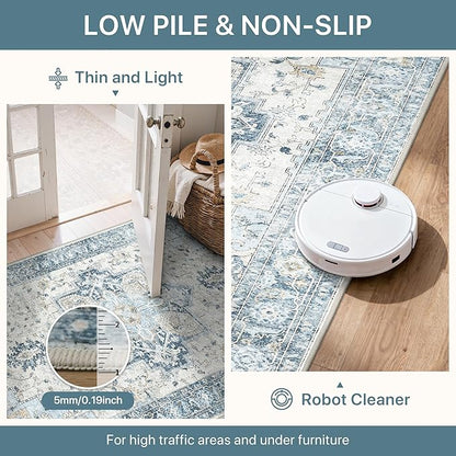 9x12 Area Rugs for Living Room, Machine Washable Non Slip Vintage Rugs, Low Pile Lightweight Print Rug for Bedroom, Dining Room, Home Office, Blue