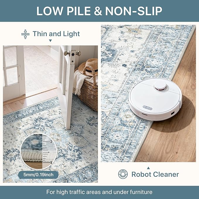 Runner Rug 2'6''x8, Non Slip Vintage Hallway Runner Rugs, Low Pile Lightweight Machine Washable Mat for Hallway, Entryway, Bedroom, Kitchen and Corridor, Blue