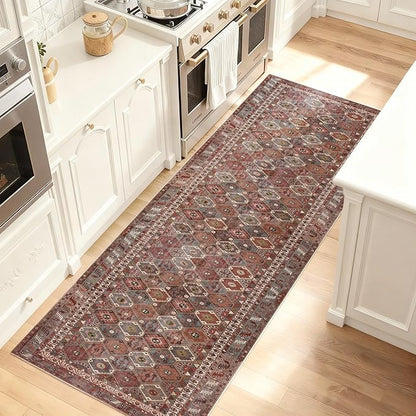 Kuden 2'6"x12 Runner Rug, Machine Washable Area Rug with Non-Slip Backing, Vintage Style, Soft, Easy Clean, Low Pile Rug for Hallway, Entryway, Kitchen, Bedroom