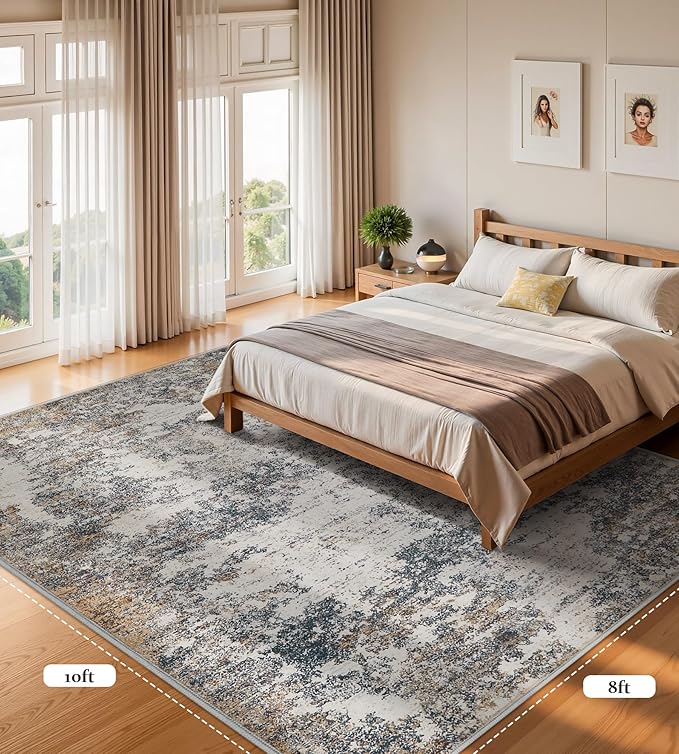 8x10 Area Rugs Machine Washable - Modern Abstract Large Rugs for Living Room Soft Anti-Skid Thin Carpet for Bedroom, Under Dining Table, Nursery, Farmhouse,Home Office (8'x10' Tan Blue)