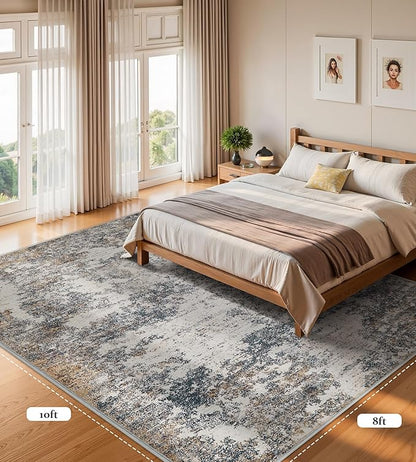 8x10 Area Rugs Machine Washable - Modern Abstract Large Rugs for Living Room Soft Anti-Skid Thin Carpet for Bedroom, Under Dining Table, Nursery, Farmhouse,Home Office (8'x10' Tan Blue)