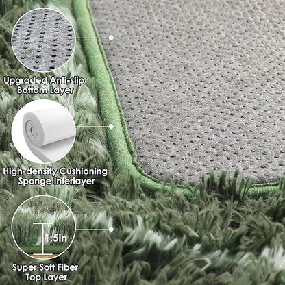 ONASAR Area Rugs for Bedroom Living Room, Washable 4x6 Fluffy Olive Green and White Throw Rug, Shaggy Geometric Floor Mat for Home Decor Aesthetic, Soft Plush Fuzzy Carpet for Nursery Kids Teen Dorm