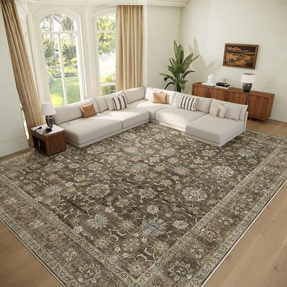 Washable 10x14 Area Rugs for Living Room, Boho Non-Slip Vintage Distress Large Rugs for Bedroom Dining Room Office, 0.3" Neutral Oriental Throw Thin Carpet, Tan/Flaxen/Multi