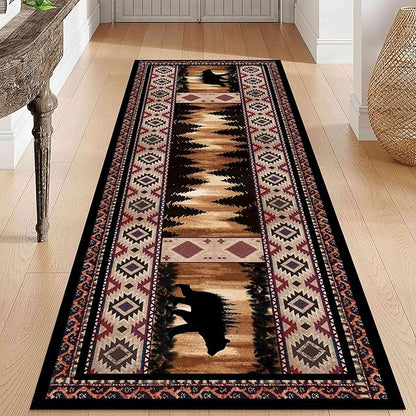 Rustic Cabin Bear Runner Rug, 2x6ft, Native American Long Runner Rug, Wildlife Black Bear Forest Hallway Rug, Vintage Brown Non-Slip Washable Southwestern Style Rug for Entry Kitchen