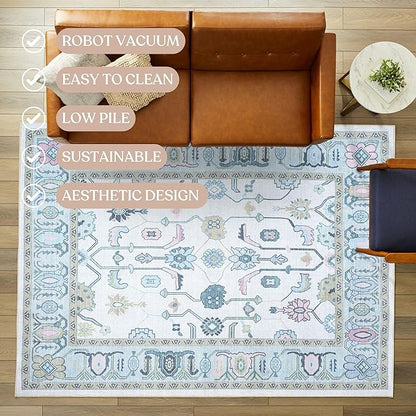 Fame Living Cream Green Oushak Rug, Modern Rugs, Vintage, Turkish, Eclectic, Floral, Pastel, Washable, Small Throw, Accent Area Rug for Living Room, Bedroom, Kitchen, Bathroom, 2'5"x4'9