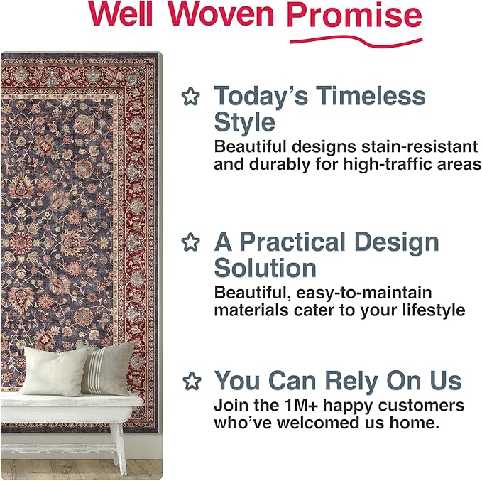 Well Woven Asha Rome Navy Blue Red 7'7" x 9'10" Area Rug - Oriental Floral Pattern, Easy Clean, Floor-Friendly Backing - for Living Room, Bedroom, and Dining Room
