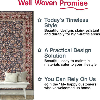 Well Woven Asha Rome Navy Blue Red 6' x 9' Area Rug - Oriental Floral Pattern, Easy Clean, Floor-Friendly Backing - for Living Room, Bedroom, and Dining Room