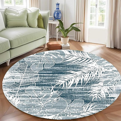 Washable Round Rug 7ft - Blue Tropical Botanical Pattern, Non-Slip Low Pile No Shedding Carpet, Soft Flannel Feel Rug for Living Room, Bedroom, Bathroom，Indoor Use