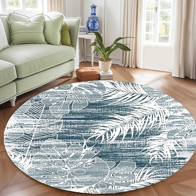Washable Round Rug 5ft - Blue Tropical Botanical Pattern, Non-Slip Low Pile No Shedding Carpet, Soft Flannel Feel Rug for Living Room, Bedroom, Bathroom，Indoor Use