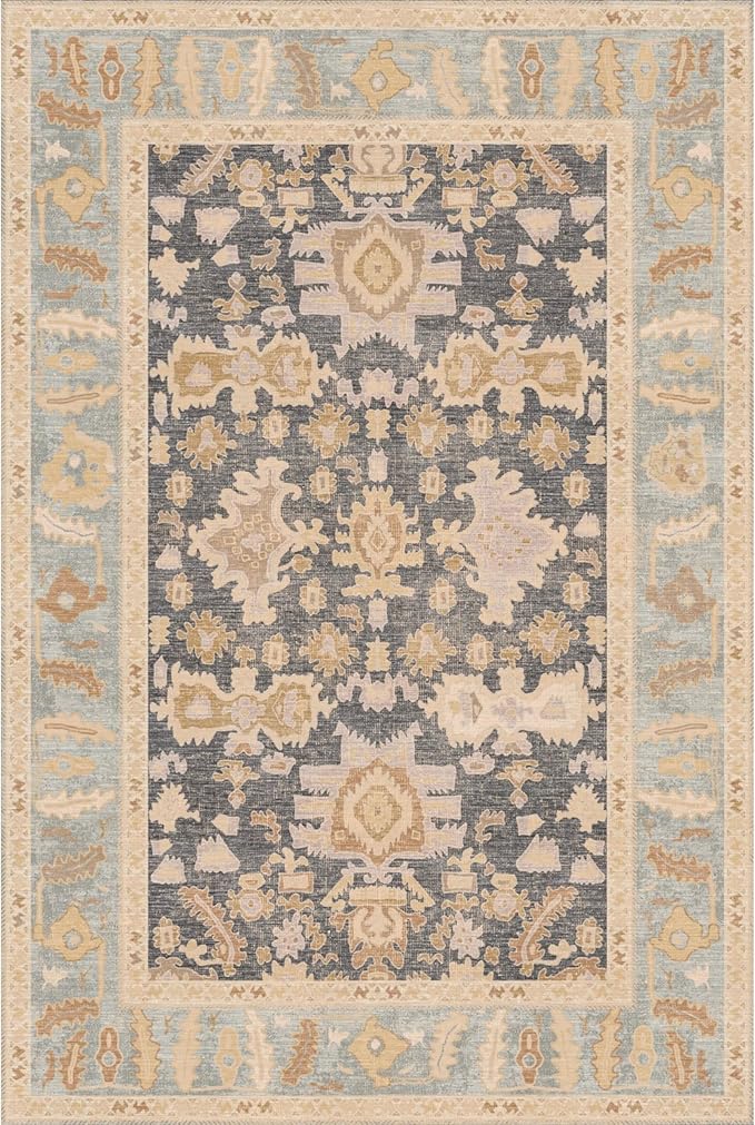 Kuden 8x10 Large Area Rug, Machine Washable Area Rug with Non-Slip Backing, Vintage Style, Soft, Easy Clean, Low Pile Rug for Living Room, Bedroom, Dining Room