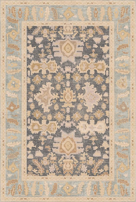 Kuden 5x7 Area Rug, Machine Washable Area Rug with Non-Slip Backing, Vintage Style, Soft, Easy Clean, Low Pile Rug for Living Room, Bedroom, Dining Room