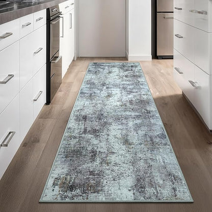 GLN Rugs Contemporary Collection - Machine Washable Area Rug, Contemporary Washable, Non Slip, Low Pile Chenille Rug, Living Room, Bedroom, Kitchen Rug (2'6" x 10' Grey/Green)