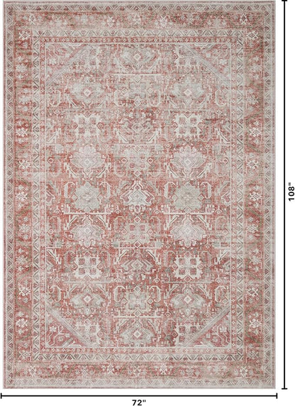 Kuden 6x9 Area Rug, Machine Washable Area Rug with Non-Slip Backing, Vintage Style, Soft, Easy Clean, Low Pile Rug for Living Room, Bedroom, Dining Room