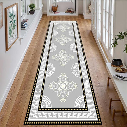 Boho Long Runners Carpet, 2.6x7ft, Modern Geometric Bohemian Print with Greek Key Grey Long Hallway Rug, Low-Profile Non Slip Rubber Backed Flat Rugs for Relax Room Entryways