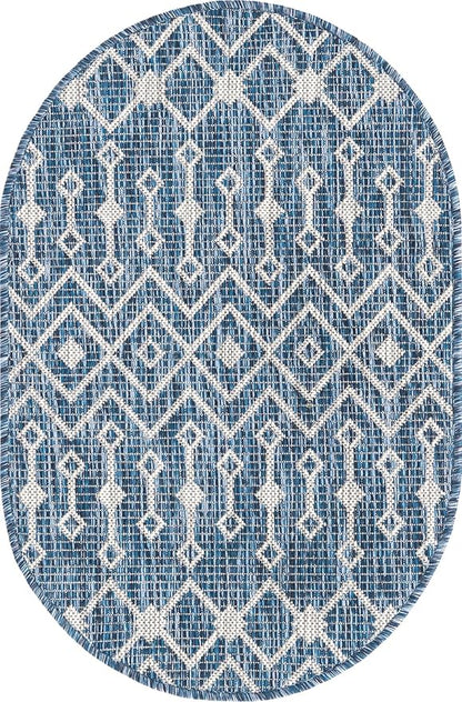 Unique Loom Outdoor Trellis Collection Area Rug - Tribal Trellis (2' 2" x 3' 1" Oval, Blue/ Ivory)
