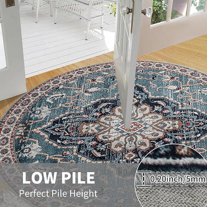 Easy-Going Round Rug 5ft Area Rug Medallion Distressed Washable Circle Rugs for Living Room Non-Slip Bedroom Rug Low Pile Lightweight Vintage Retro Throw Rug for Dining Room Kitchen Office, Teal Brick
