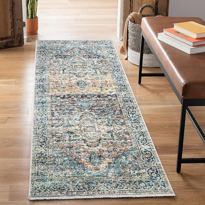 Bloom Rugs Caria Washable Non-Slip 12 ft Runner - Blue Green/Tangerine Traditional Runner for Entryway, Hallway, Bathroom, and Kitchen - Exact Size: 2'6" x 12'