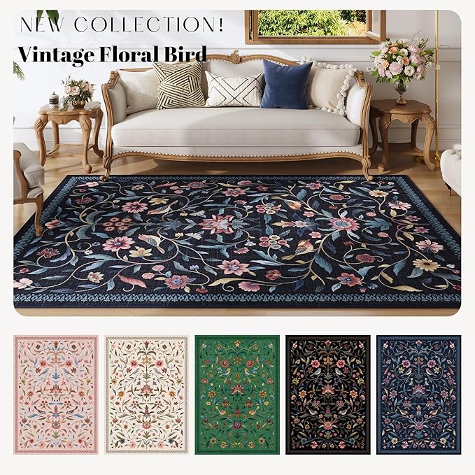 Vintage Medallion Floral Indoor Door Mat 2x3, Machine Washable Entryway Rug, Low Pile Soft Small Carpet, Non-Slip Area Rug for Entrance, Bedroom, Kitchen & Kids Room | Blue
