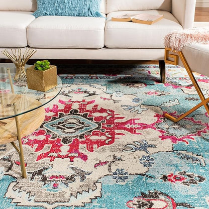 SAFAVIEH Monaco Collection Area Rug - 11' Square, Light Blue & Fuchsia, Boho Chic Medallion Distressed Design, Non-Shedding & Easy Care, Ideal for High Traffic Areas in Living Room, Bedroom (MNC243J)