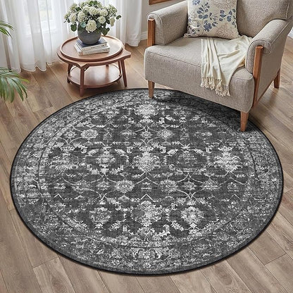 4ft Round Washable Area Rugs for Living Room, Vintage Boho Large Rug for Bedroom Dining Room Office, Distressed Floral Print Carpet for Under Table, Soft Non Slip Low Pile Throw Indoor Mat, Black