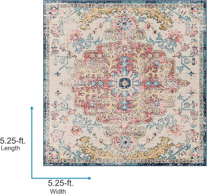 Livabliss Area Rugs - 5x5 Odelia Vintage Boho Aqua Burgandy Blue Square Area Rug for Living Room Bedroom - Floral Medallion Stain Resistant Carpet for Kitchen, Nursery, Office (5'3" Square)