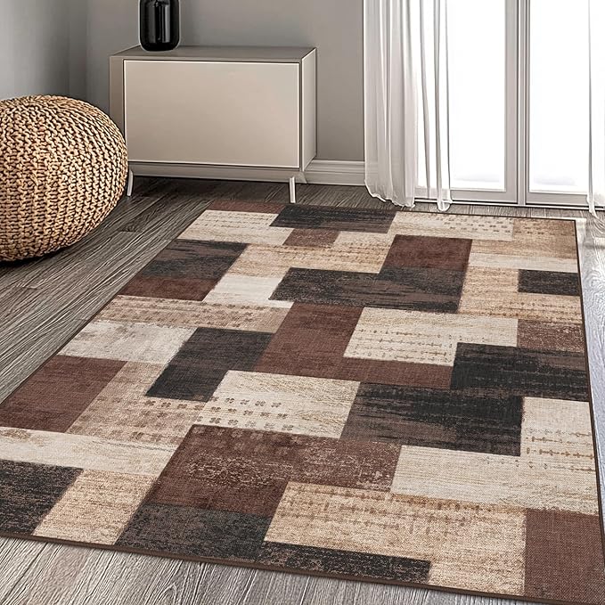 Modern Geometric Patchwork Indoor Area Rug for Living Room, Chocolate 5'x 7' Large Rug Rockwood Collection Hardwood Floors Decor for Bedroom, Brown Throw Carpet for Office Entryway Dining Room