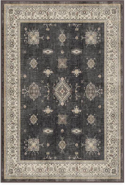 RUGGABLE Washable Vintage Area Rug – Verena Dark Wood 4x6, Stain-Resistant, Non-Slip – Medium Machine Washable Rugs for Living Room, Bedroom, Hallway, Entryway & Office–with Standard Pad