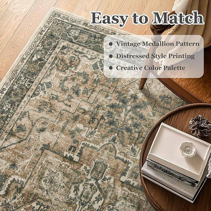 Vintage Distressed 5x7 Area Rugs for Living Room Bedroom Non Slip Washable, Medallion Pattern Printed Low Pile Thin Carpet Rugs for Dining Room/Kitchen/Home Office, Multi Brown/Slate Green