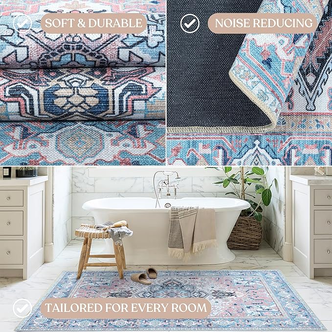 Washable Area Rug, Modern Farmhouse, Vintage, Turkish, Bohemian, Distressed, Oriental, Traditional, Rugs for Living Room, Dining, Bedroom, Office, Entryway, Foyer, (861NT, 2' x 3')