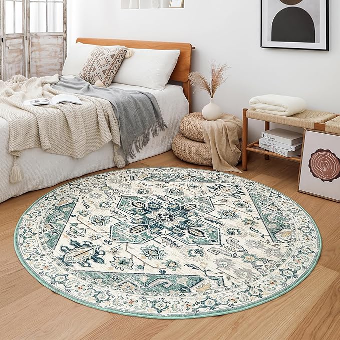 VK VK·LIVING Round Washable Rug 5'Ft Vintage Machine Washable Area Rugs with Non Slip Round Rugs for Living Room Bedroom Traditional Woven Carpet Stain Resistant Dining Office Boho Rug,Green&Beige