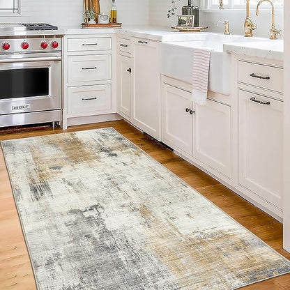 ReaLife Rugs Machine Washable Area Rug Runner - Living Room Bedroom Bathroom Kitchen Entryway Office - Padded Low Pile Stain Resistant Premium - Modern Abstract Contemporary - Quinn - Beige 2'6" x 6'