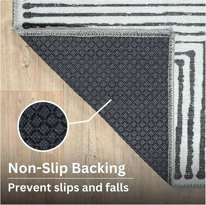 Bloom Rugs Washable Non-Slip 9' x 12' Rug - Black/Ivory Striped Area Rug for Living Room, Bedroom, Dining Room, and Kitchen - Exact Size: 9' x 12'