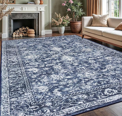 KILOCOCO Area Rug 9x12 Living Room Rug Washable Printed Vintage Floral Non Slip Soft Rubber Backed Indoor Bedroom Rugs for Laundry Room Kitchen Playroom Moroccan Area Rugs, Blue