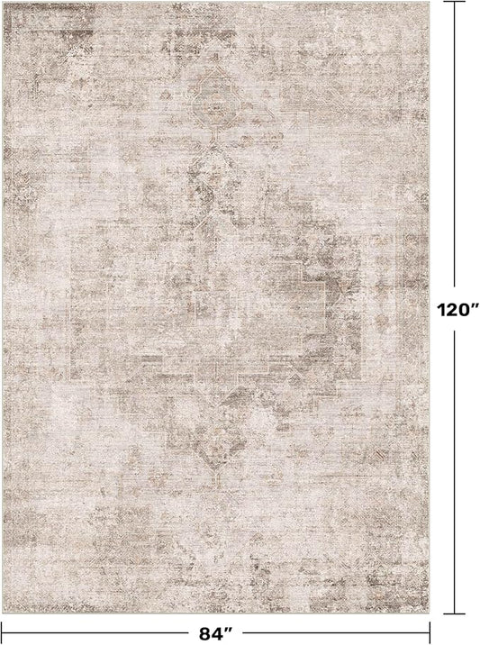 Farmhouse Area Rugs for Living Room - 7x10 Washable Modern Abstract Rug for Bedroom, Dining Room Under Table, Home Office, Soft Washable & Stain Resistance (Beige & Peach)