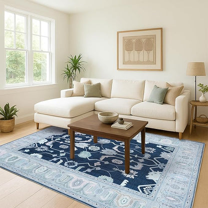 Fame Living Navy Blue Oushak Rug, Modern, Vintage, Turkish, Eclectic, Floral, Pastel, Washable, Area Rugs for Living Room, Dining, Bedroom, Nursery, Girls, Boys, 5'9"x8'9"