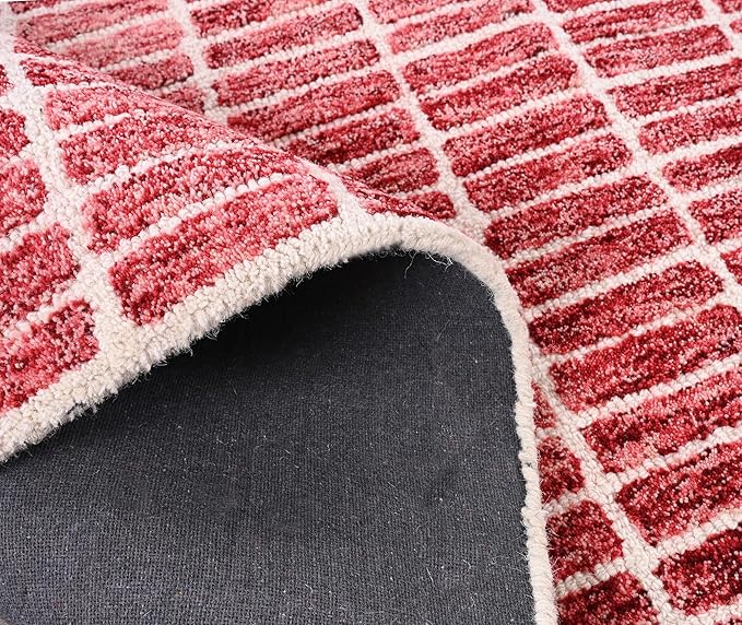 Hand-Tufted 100% Wool Area Rug – Unique Modern Geometric Grid Pattern, Soft Plush Textured Carpet for Living Room, Bedroom, Dining Room & Entryway (Brick Red, 6' x 8')