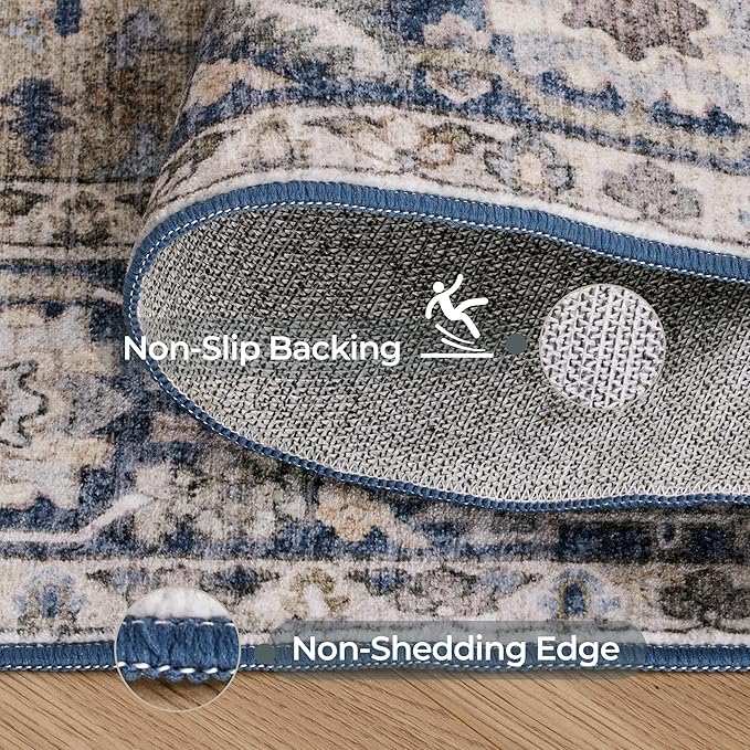 Kokia 8x10 Washable Area Rugs Blue with Vintage Orient Design, Soft Rug for Living Room or Bedroom, Non-Slip Low Pile Stain Resistance Features, Distressed Medallion Pattern