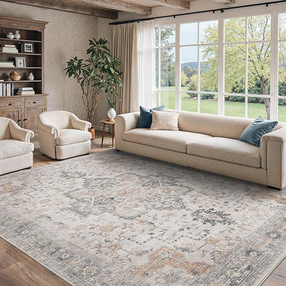 10x12 Area Rugs for Living Room, Non Slip Machine Washable Vintage Rugs, Low Pile Lightweight Print Large Rug for Bedroom, Dining Room, Home Office, Light Taupe Brown
