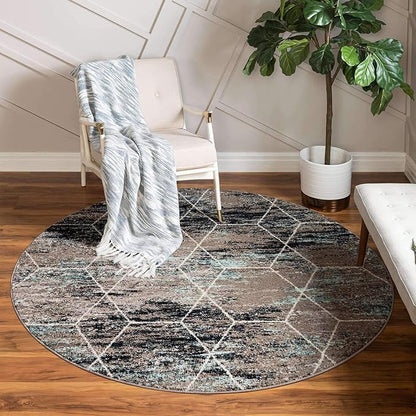 Unique Loom Trellis Frieze Collection Area Rug - Geometric (6' Round, Blue Multi/ Ivory)