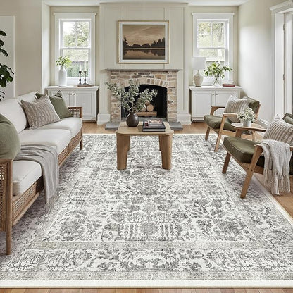 Black Area Rug 6x9 Machine Washable Vintage Living Room Distressed Non Slip Carpet Traditional Indoor Bedroom Retro Floral Accent Throw Large Rug for Office Kitchen Dining Room