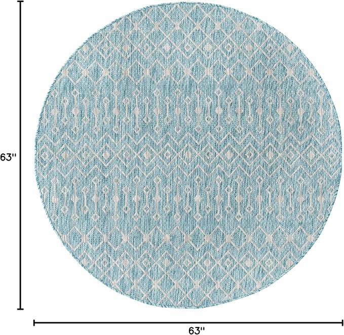 Unique Loom Outdoor Trellis Collection Area Rug - Tribal Trellis (5' 3" Round, Aqua/ Ivory)