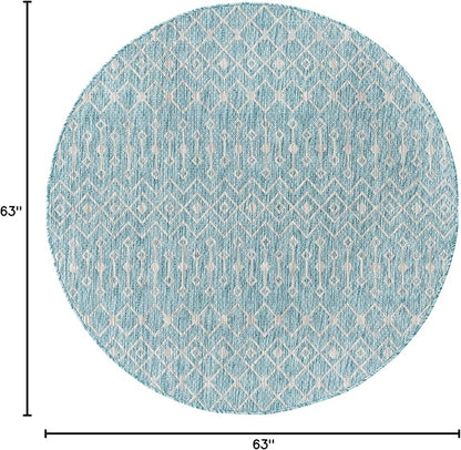Unique Loom Outdoor Trellis Collection Area Rug - Tribal Trellis (5' 3" Round, Aqua/ Ivory)