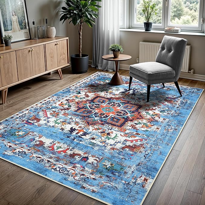 GLN Rugs Traditional Collection - Machine Washable Area Rug, Traditional Washable, Non Slip, Low Pile Chenille Rug, Living Room, Bedroom, Kitchen Rug (9' x 12' Blue/Multicolor)